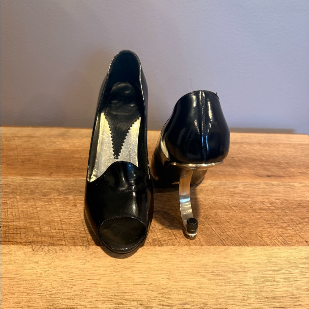 Emporio Armani Elegant Black Peep-Toe and Metal Curved Unique Heel Women's Shoes